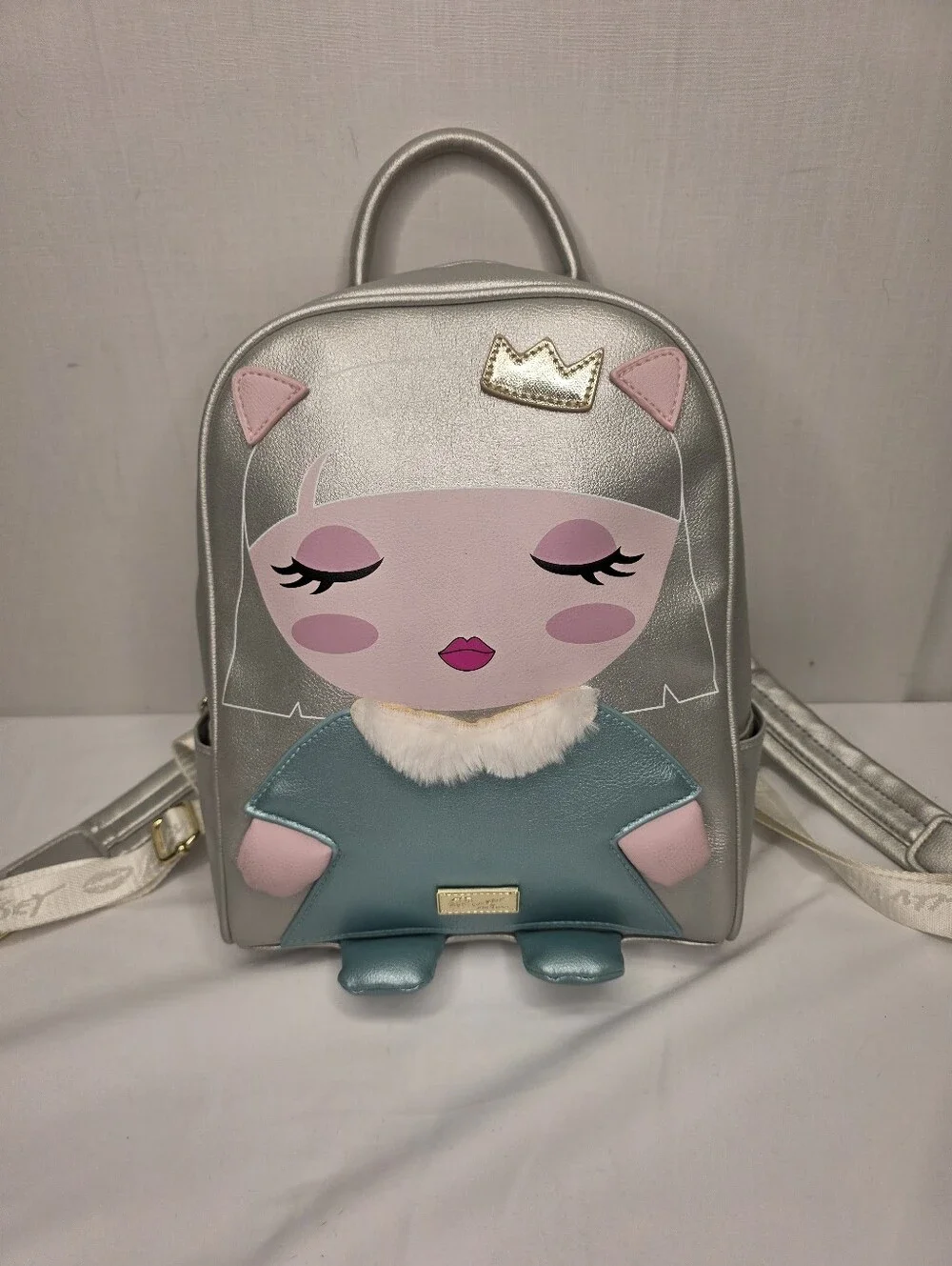 Luv Betsey Johnson Metallic Silver Princess Mini Backpack Faux Fur /Crown